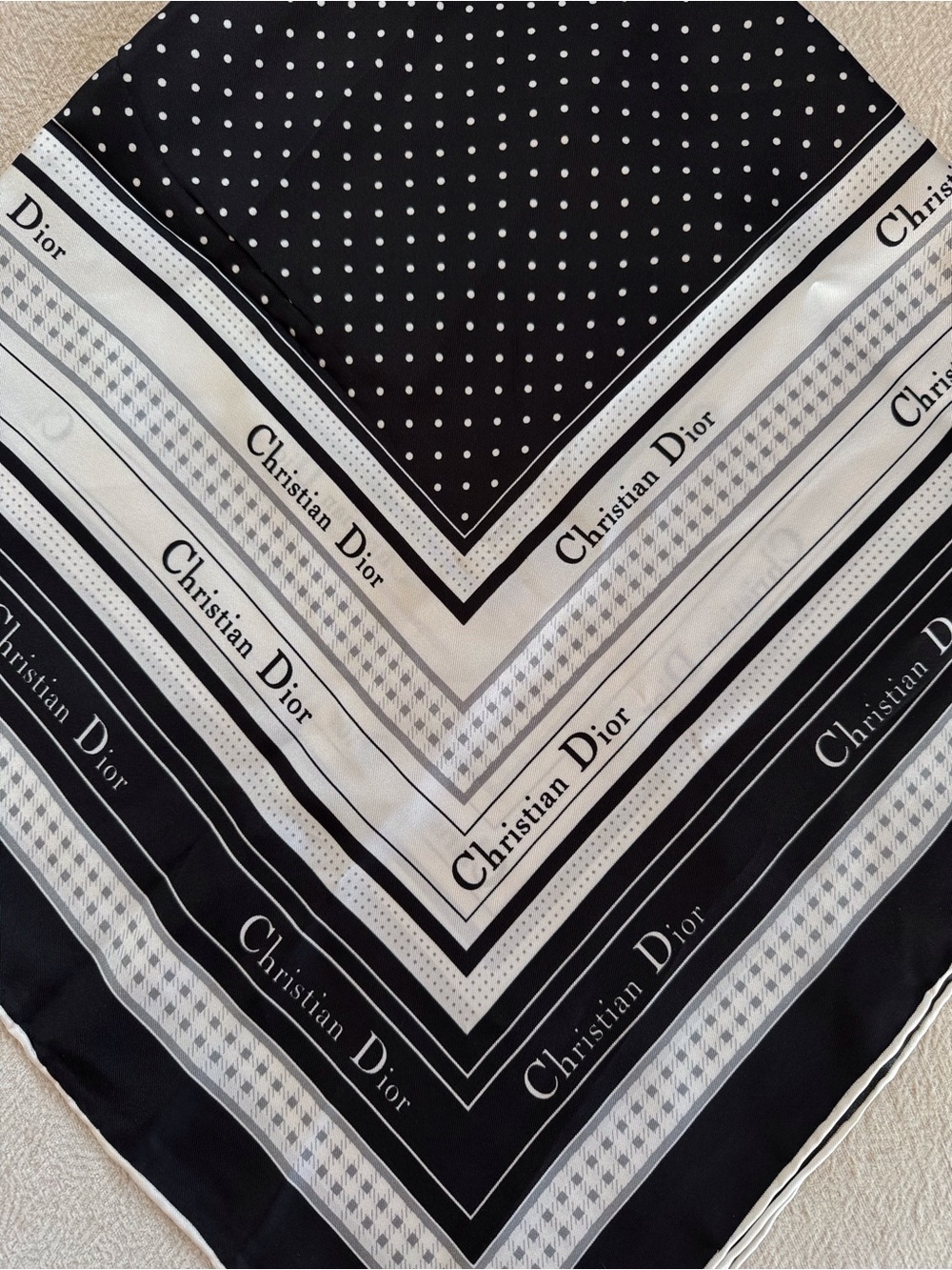 Christian Dior Black & White Polk Dot & Logo Square Silk Scarf